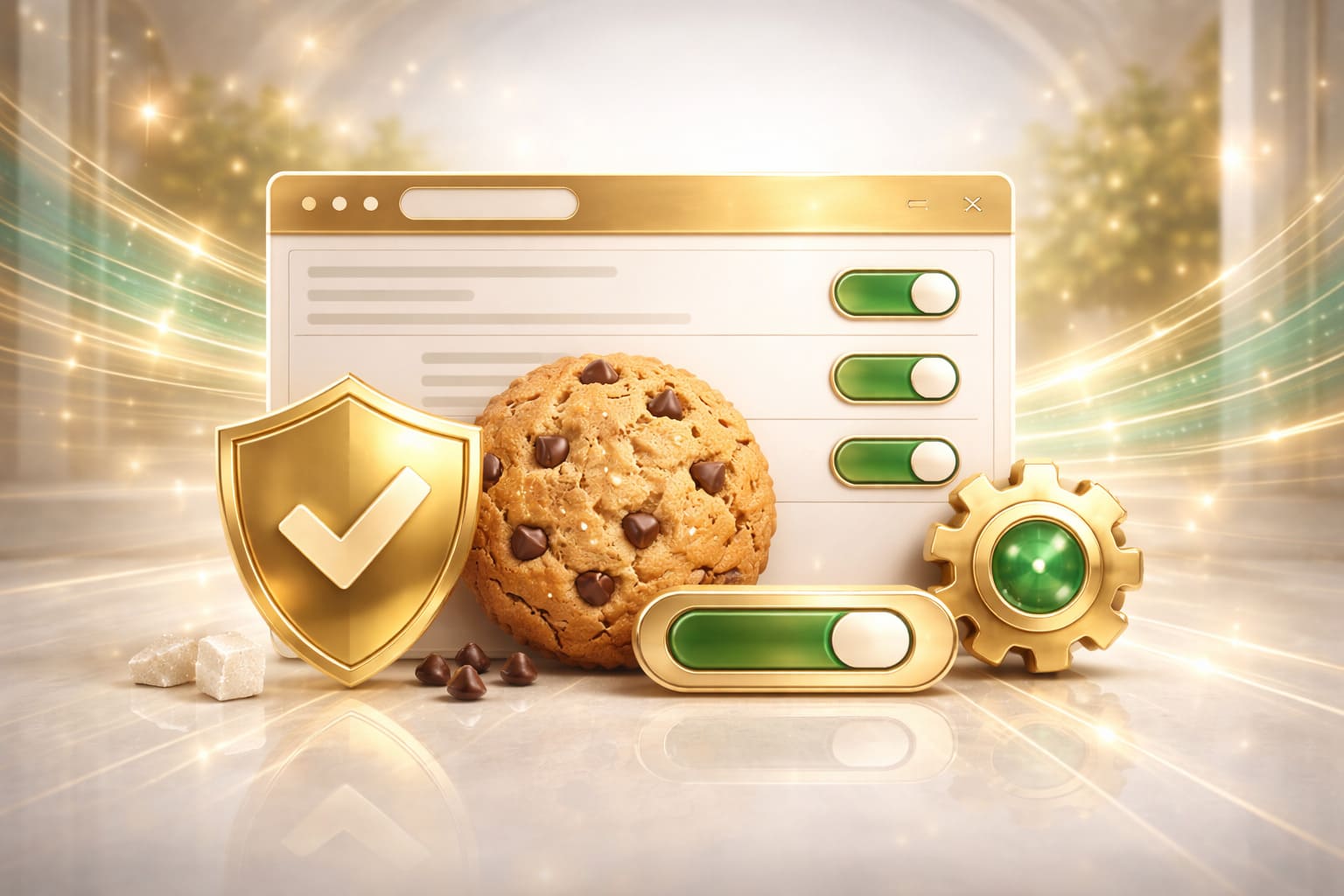 Premium cookie policy banner for official lottery platform, refined fintech UI atmosphere, soft beige gold and emerald palette, no text, 16:9