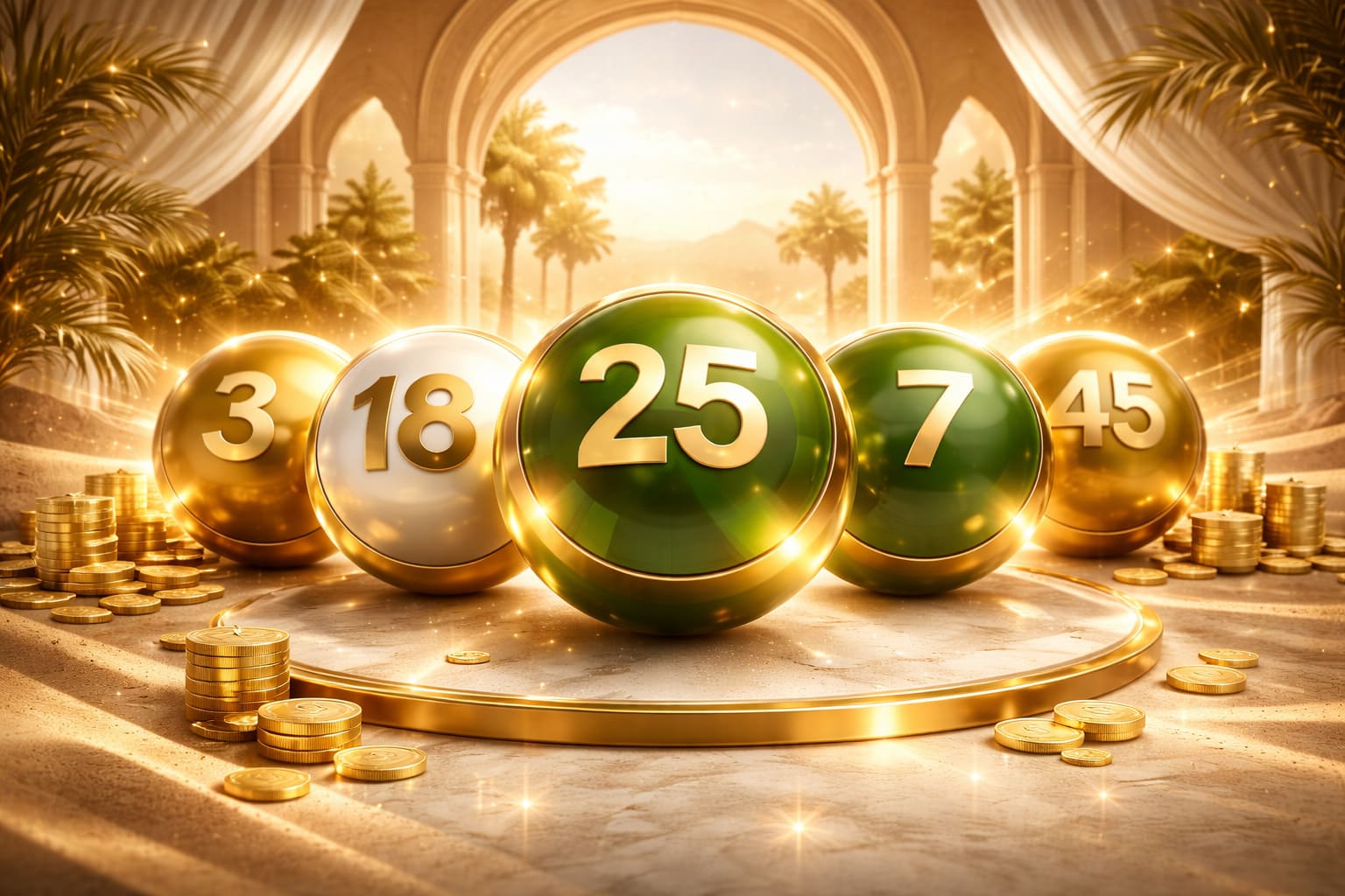 Premium desert-inspired lottery banner, luxury beige gold composition, glossy numbered balls, modern UAE brand atmosphere, no text, 16:9