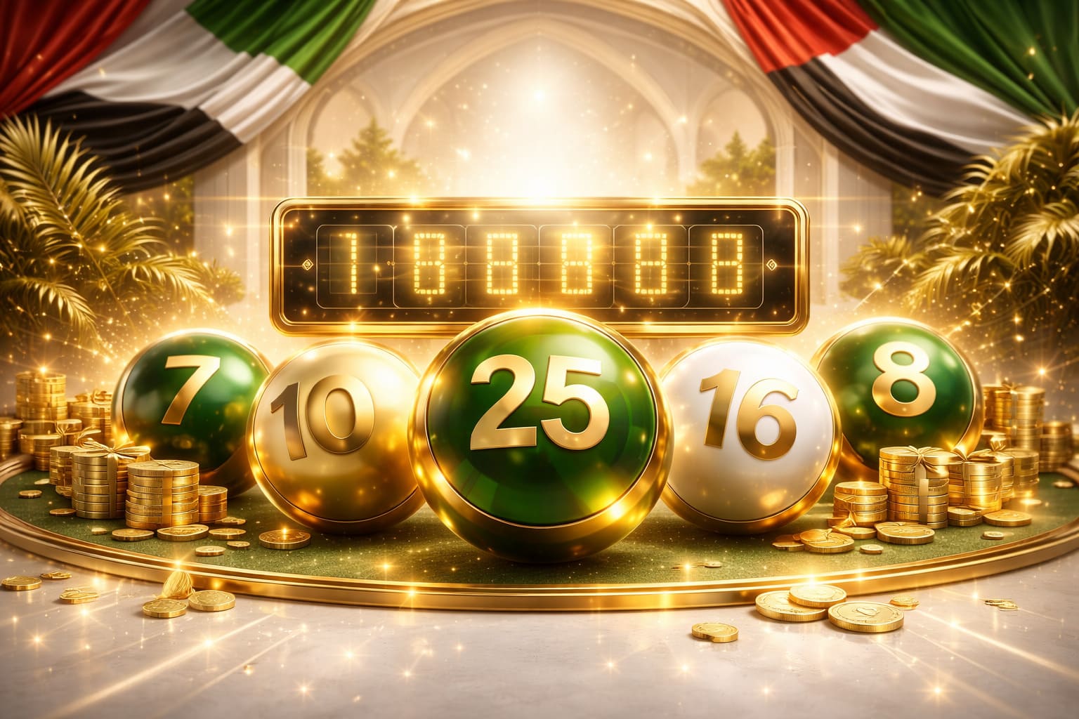 Luxury lottery jackpot banner in UAE style, emerald and gold palette, premium cinematic lighting, glossy balls and digital interface, official trustworthy atmosphere, no text, 16:9