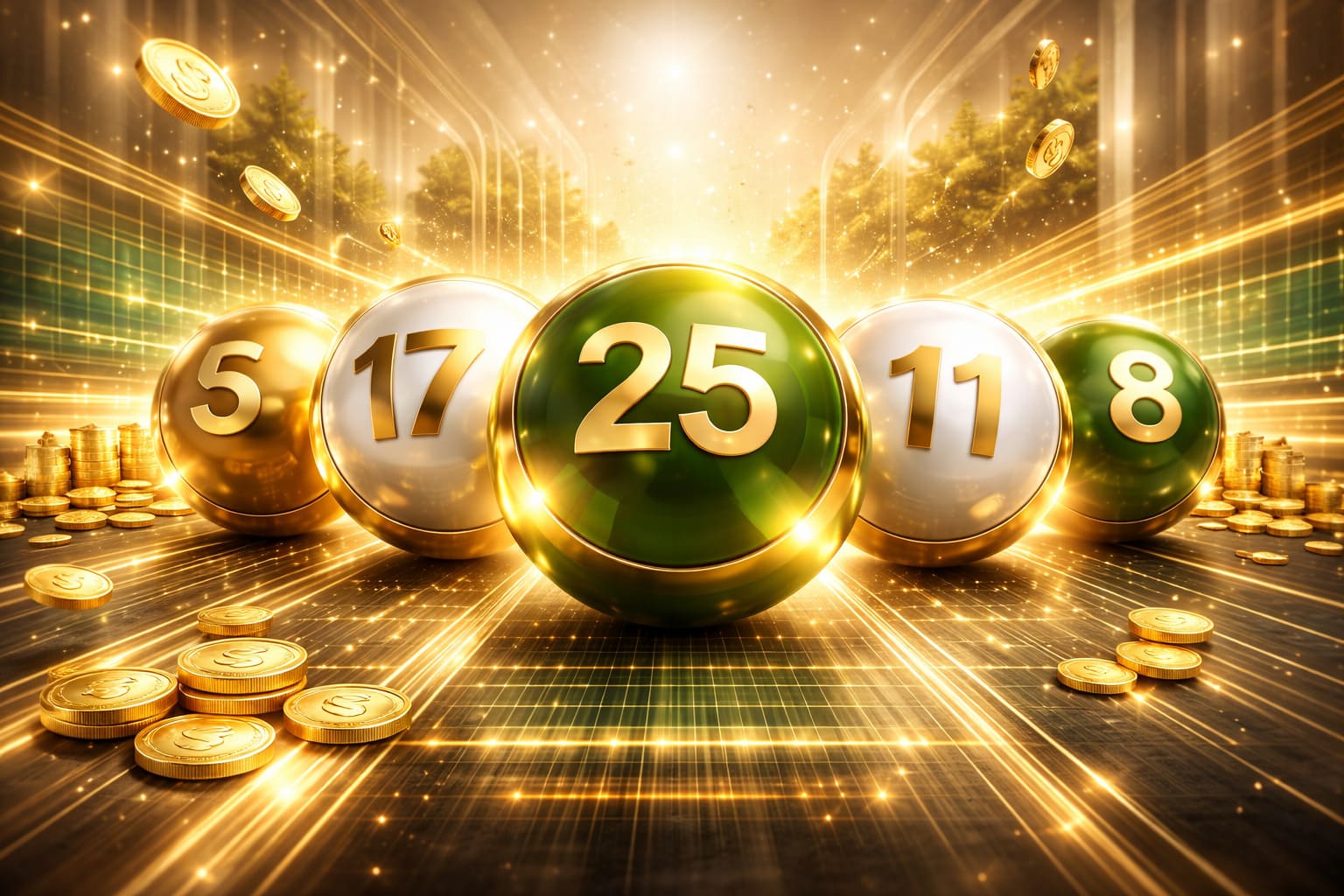 Modern high-frequency lottery artwork, premium gold lighting, digital numbered balls, fintech lottery interface aesthetic, no text, 16:9