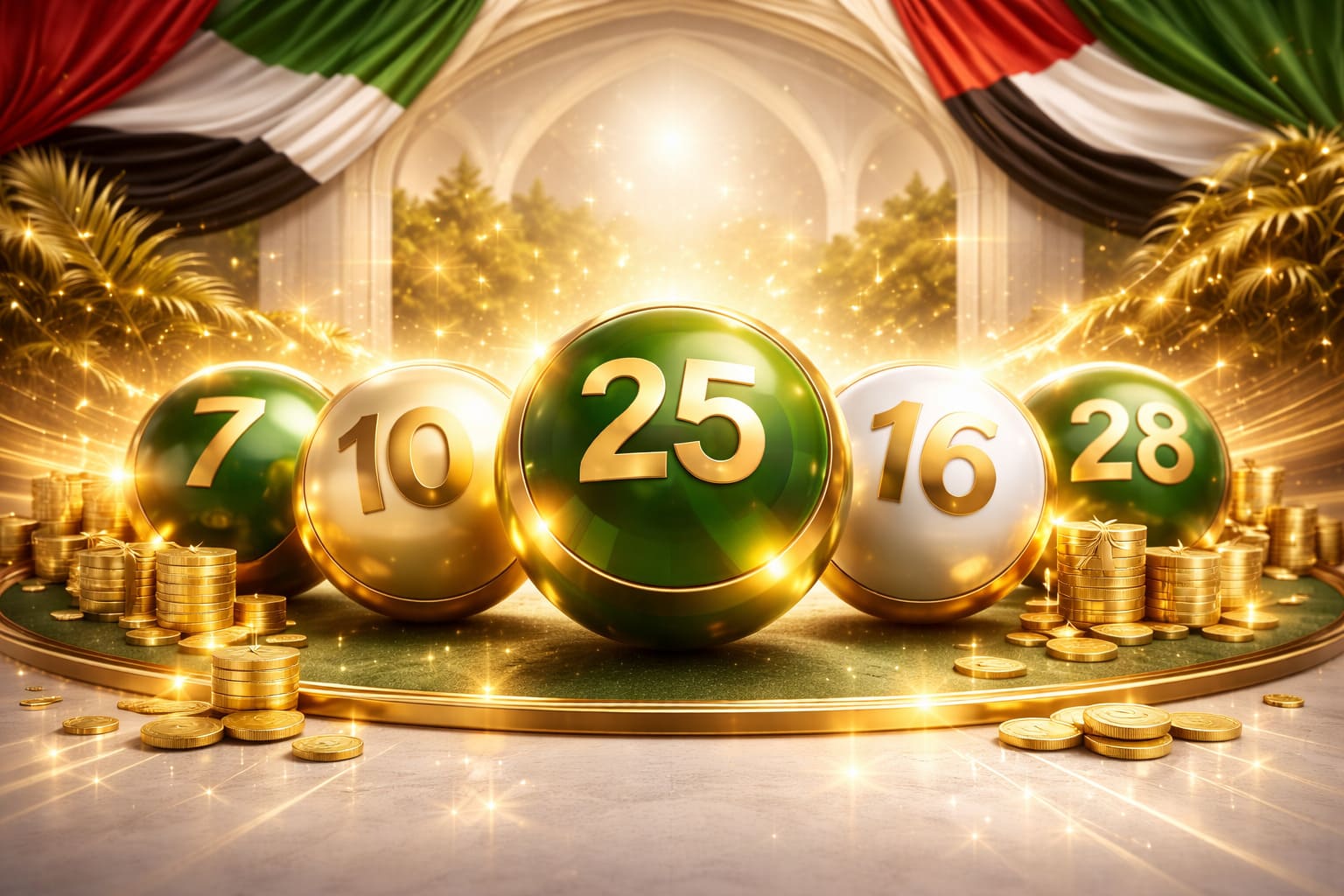 Premium UAE daily lottery artwork, luminous numbered balls, warm gold and green highlights, elegant official gaming platform atmosphere, no text, 16:9