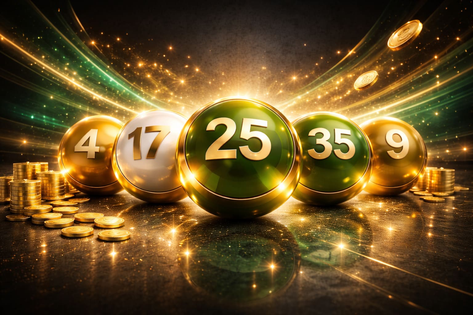 Premium night lottery artwork, dark charcoal background with emerald and gold glow, digital numbered balls, no text, 16:9