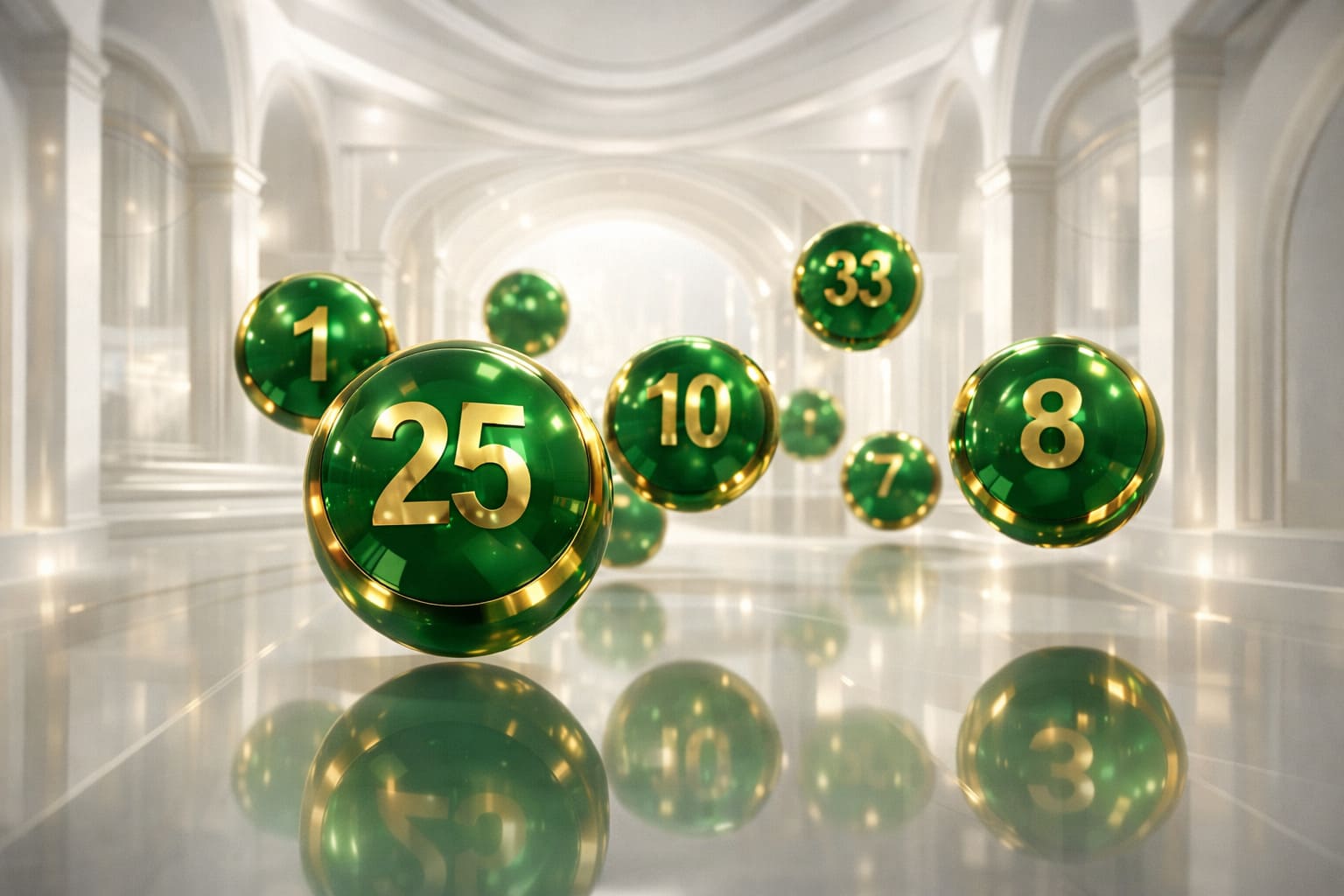 Premium UAE lottery games banner, emerald and gold palette, luxury digital interface, glossy numbered balls, no text, 16:9