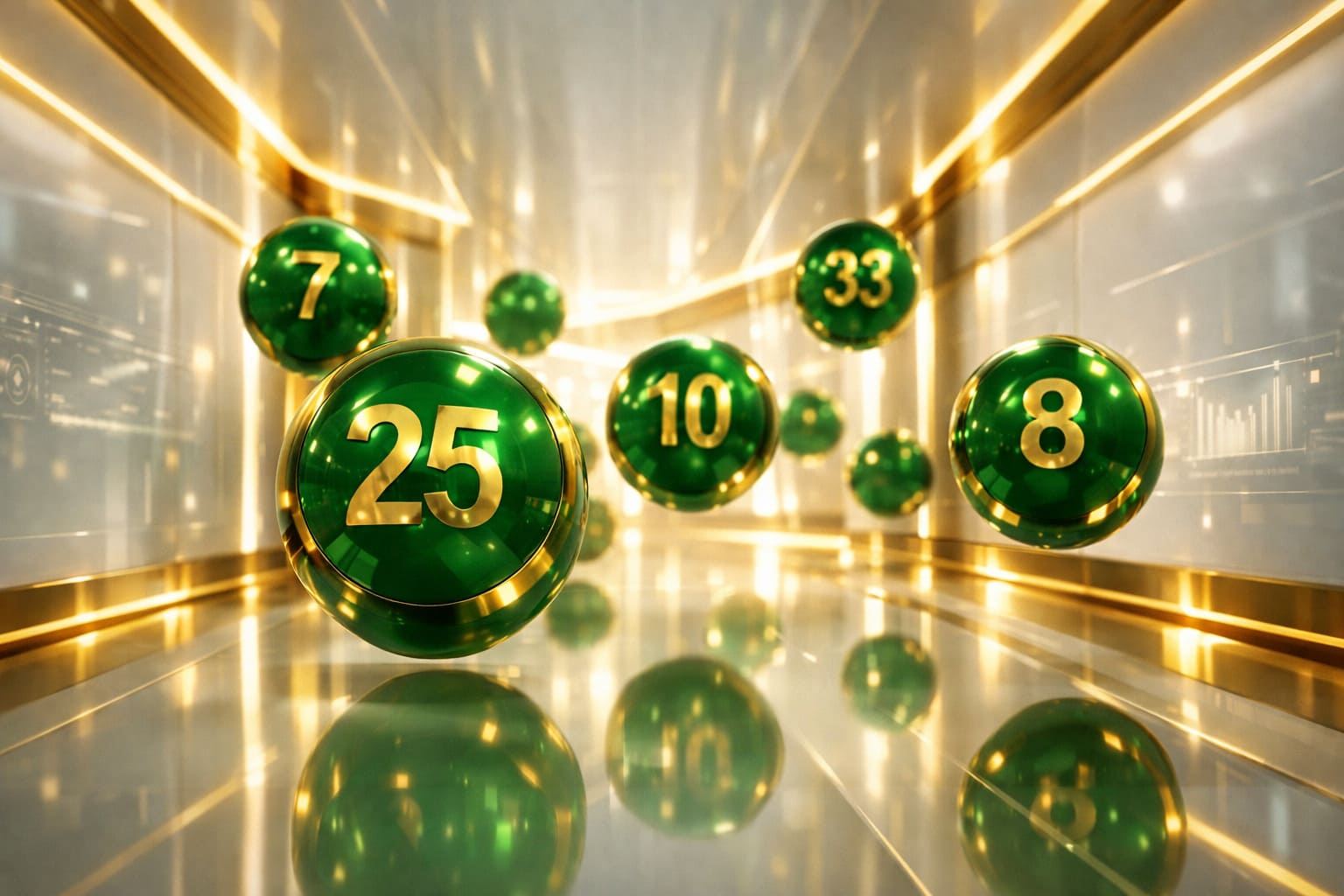 Premium UAE lottery hero banner, glossy green numbered balls, elegant gold lighting, futuristic corridor, luxury digital lottery atmosphere, official brand style, high-end 3D render, no text, 16:9