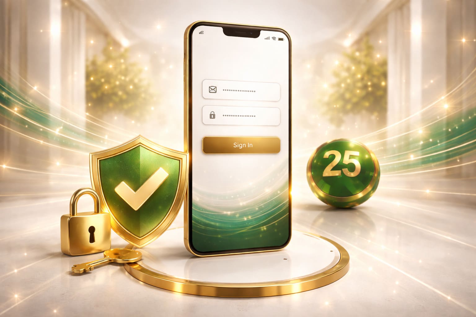 Premium login visual for official lottery platform, elegant mobile account interface, emerald and gold lighting, no text, 16:9