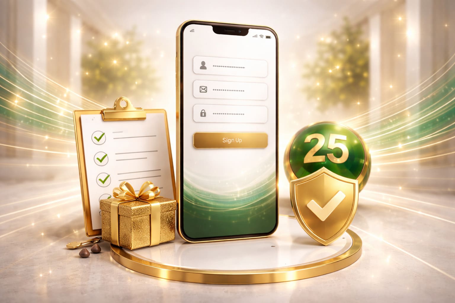 Premium registration visual for official lottery platform, luxurious digital onboarding screen, gold green lighting, no text, 16:9