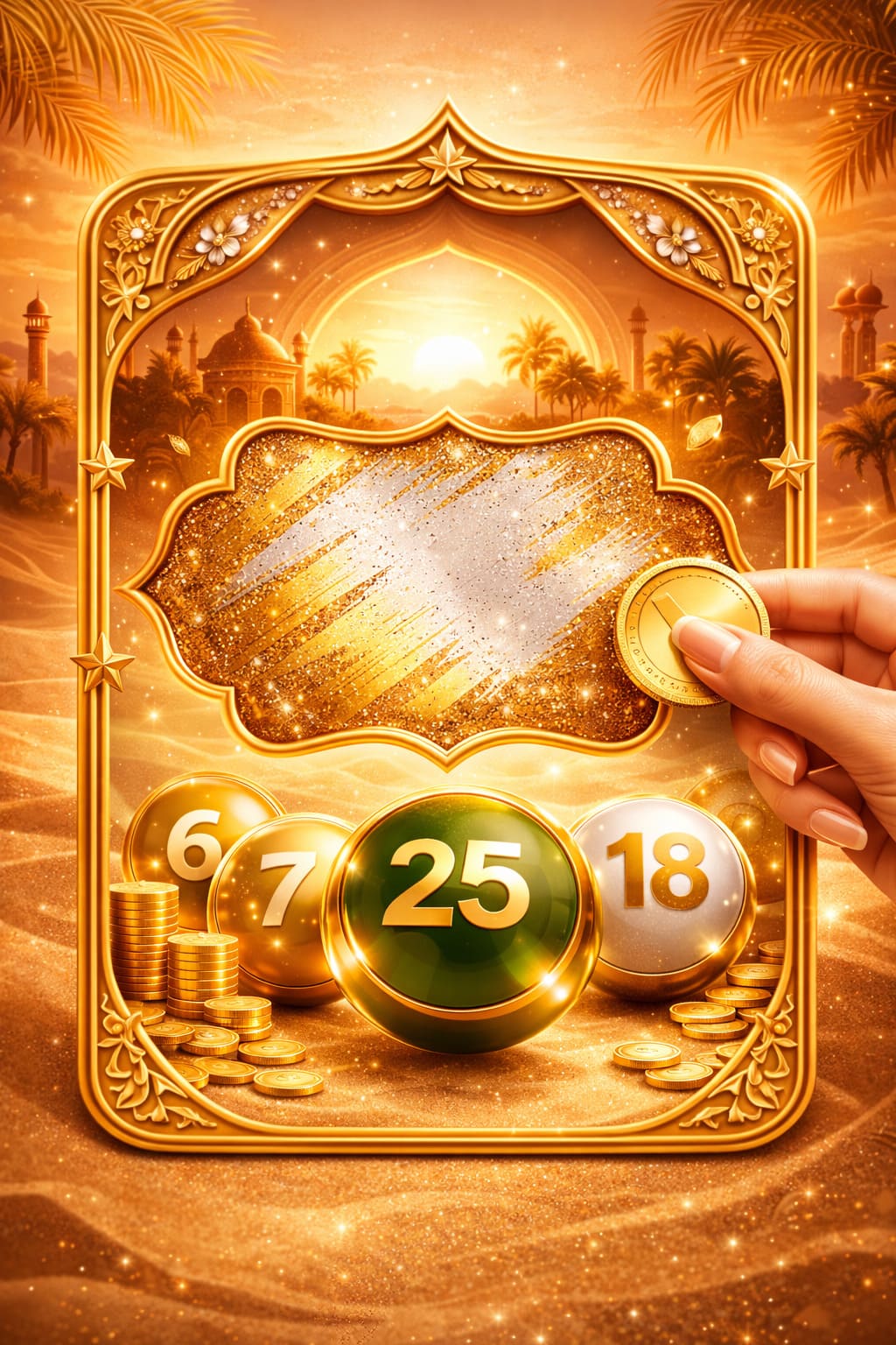 Luxury scratch card visual, desert sunset palette, elegant sand textures, premium UAE promotional style, no text, 4:5