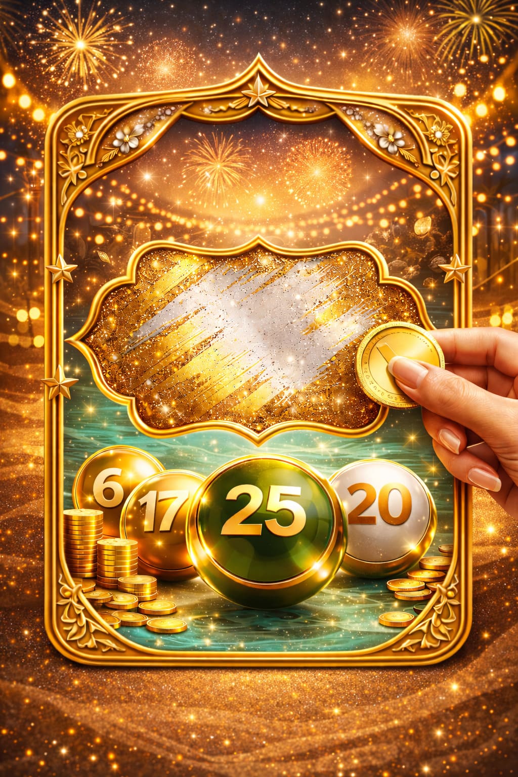 Premium scratch card artwork, celebratory festival lights, elegant gold accents, official lottery product style, no text, 4:5