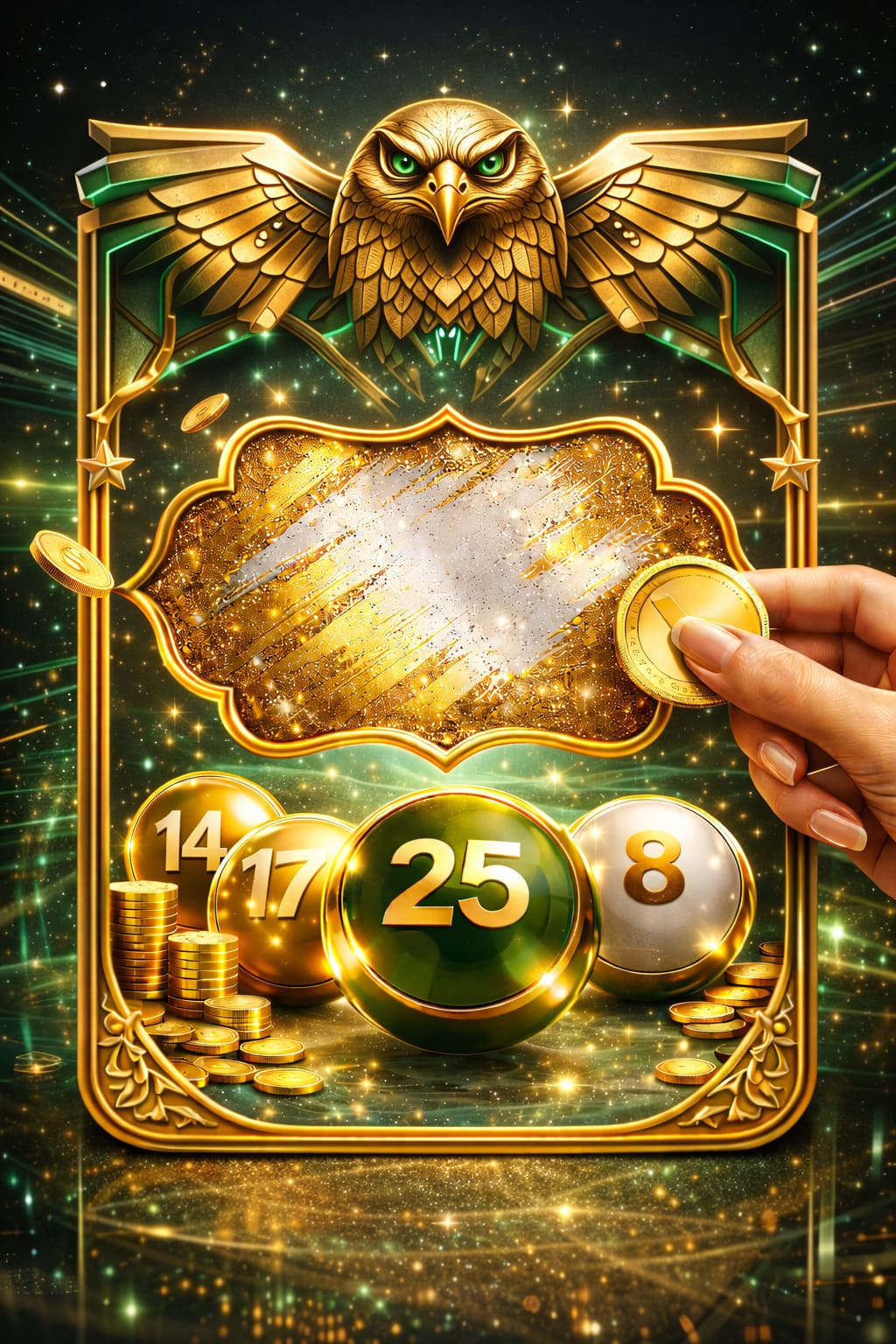 Futuristic luxury scratch card illustration, metallic falcon motif, emerald gold lighting, premium digital lottery style, no text, 4:5
