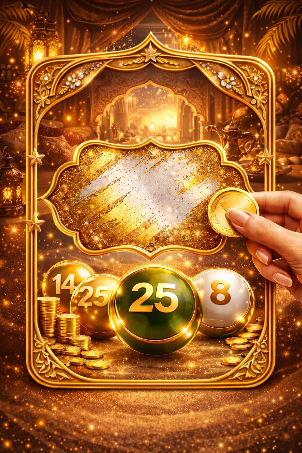 Luxury Arabic-inspired scratch card art, rich coffee tones, premium hospitality details, elegant glossy style, no text, 4:5