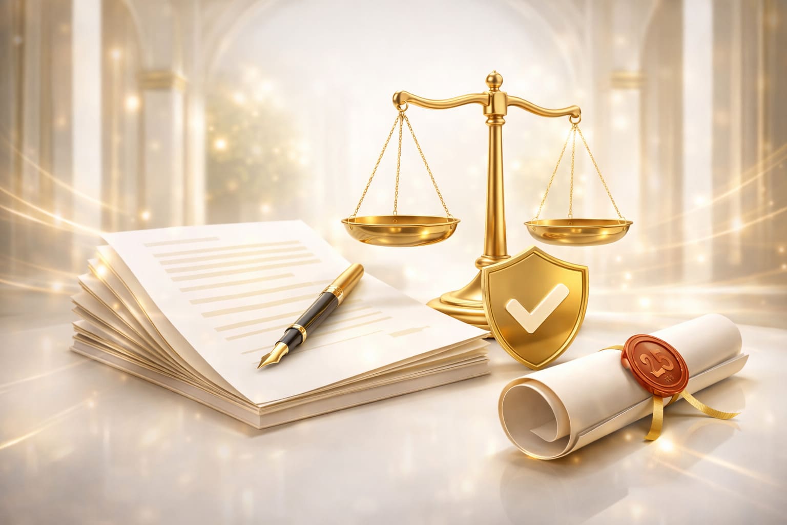 Premium legal page banner for official lottery platform, elegant gold and white composition, trustworthy corporate layout atmosphere, no text, 16:9